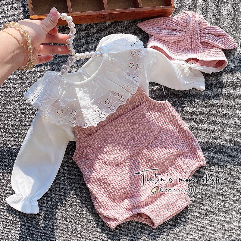 Set body yếm nhung kèm áo bèo trắng và mũ tai thỏ cho bé gái 3-24M