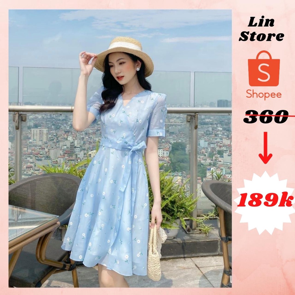 Váy nữ hoa nhí , đi biển, dáng chữ A đi tiệc,dây thắt nơ rời sang chảnh 2 lớp LINSTORE Thiết Kế V6