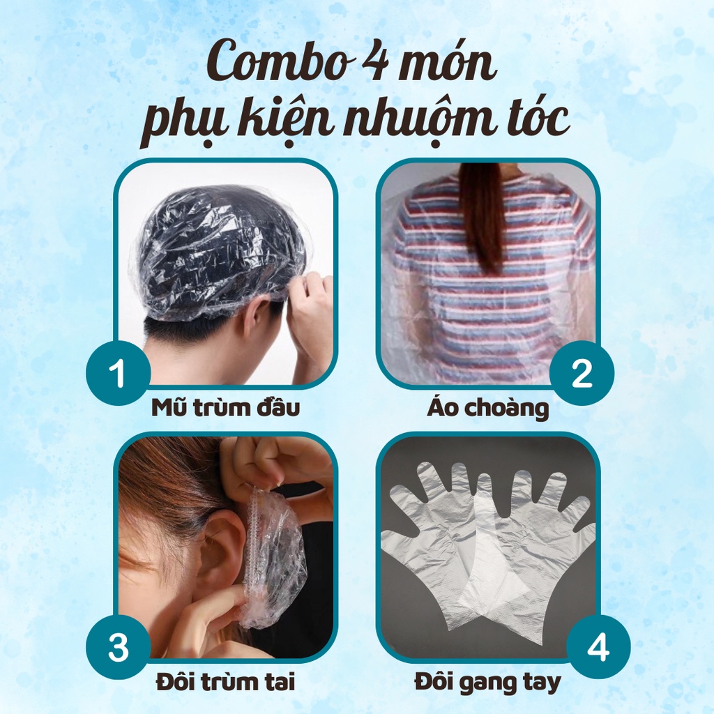 Combo 4 Món phụ kiện nhuộm tóc nylon (1 đôi trùm tai, áo choàng, mũ chụp tóc, 1 đôi gang tay)