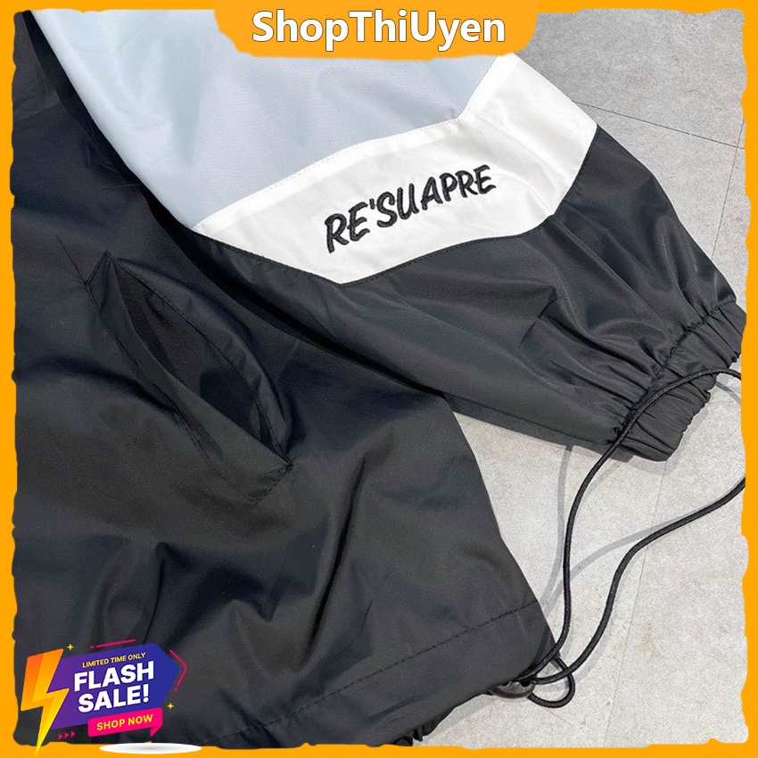 Áo khoác đen chống nắng unisex vải dù 2 lớp trơn chữ resuapre không mũ có túi tay bo