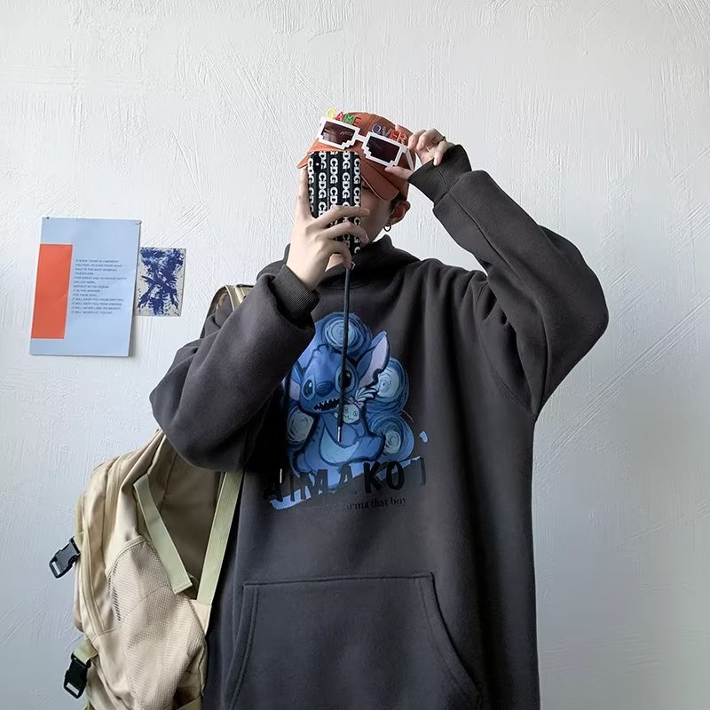 Áo Khoác Hoodie Vải Cotton In Hoạt Hình Stitch Kiểu Mỹ Thời Trang Thu Đông Cho Các Cặp Đôi Cỡ M-5XL