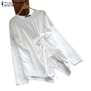 ZANZEA Áo cách điệu tay dài cổ tròn dáng rộng phong cách Hàn Quốc hợp thời trang