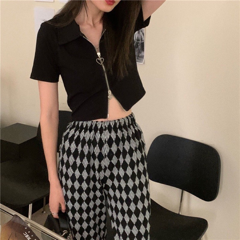 [HÀNG ORDER] Áo polo croptop phối dây kéo trái tim tay ngắn