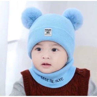 Set khăn + mũ len 2 quả bông cho bé