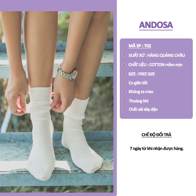 Tất vớ cổ cao nam nữ trơn nhún vải cotton cute dễ thương phong cách Hàn Quốc ANDOSA T02
