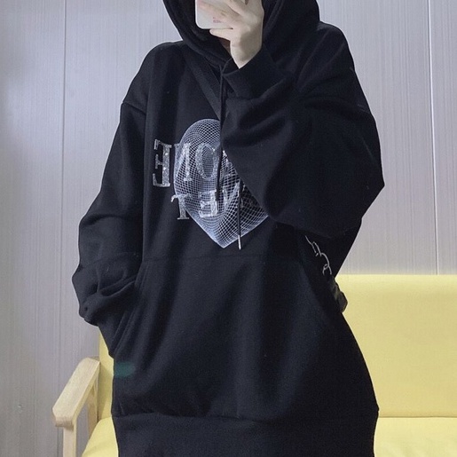 Áo Hoodie Dáng Rộng In Chữ Và Trái Tim Xinh Xắn Dễ Phối Đồ