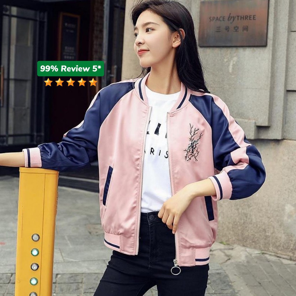 Áo khoác dù Bomber dây kéo KD14 thêu hoa anh đào, form Hàn Quốc unisex cho nam nữ, chất liệu dù cao cấp | BigBuy360 - bigbuy360.vn