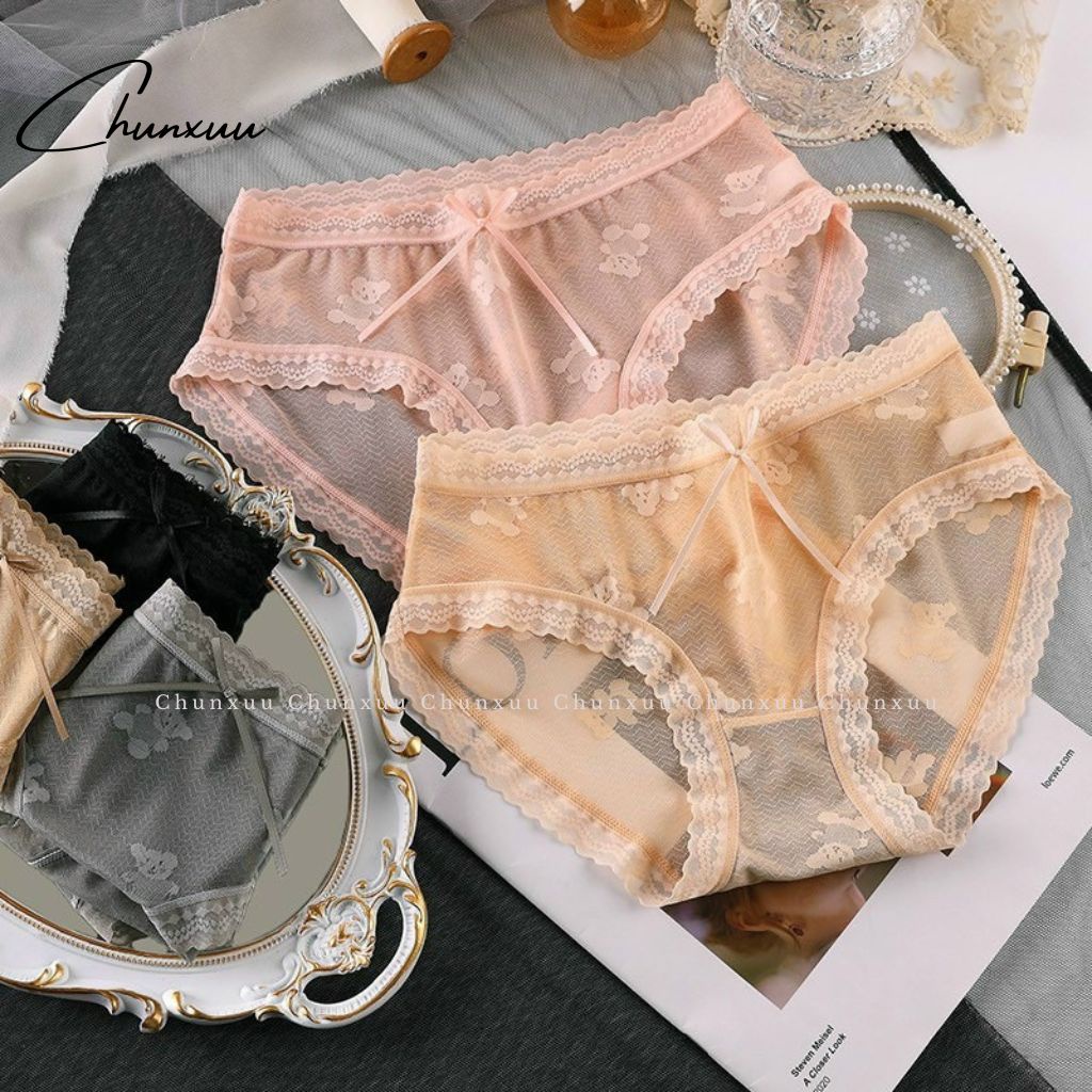 Quần lót ren nữ cao cấp Chunxuu họa tiết gấu chìm phối nơ điệu đà, chất ren mềm mại thông thoáng - QC105