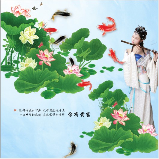 Decal trang trí hoa sen và cá chép size lớn