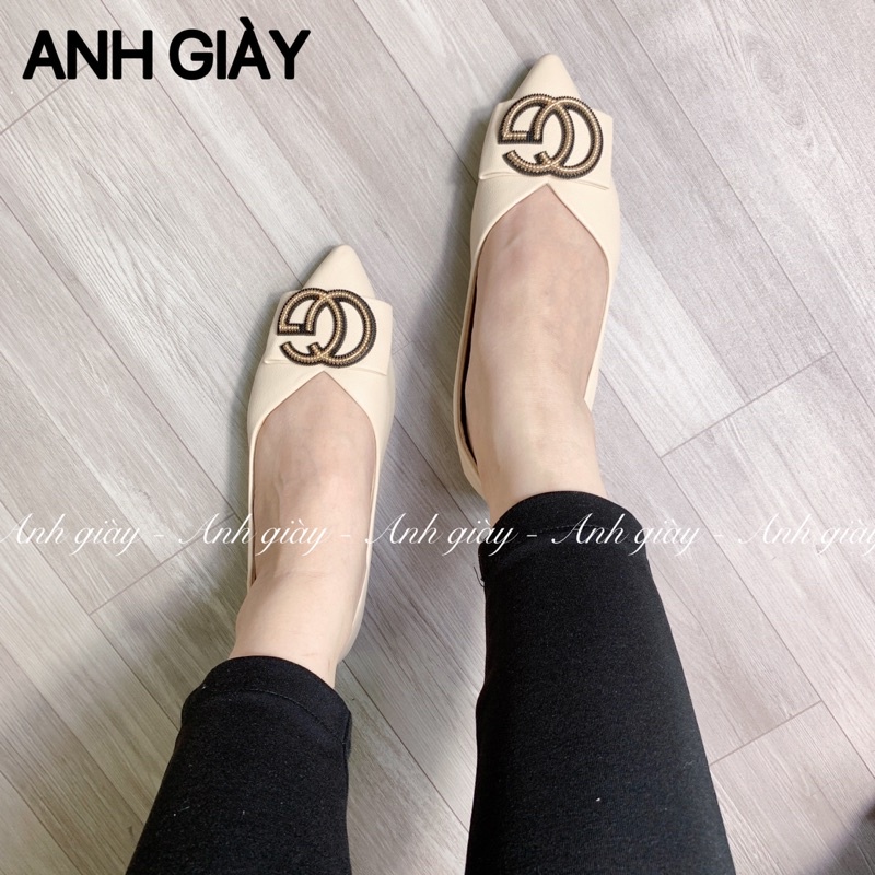 GB01 - Giày bệt , giày búp bê nữ da lì ,mũi nhọn đế cao su dẻo khoá chữ CG a mềm êm phù hợp đi học đi chơi 2 màu đen kem