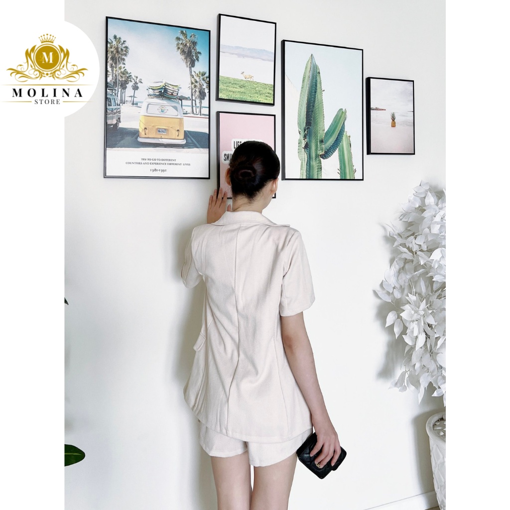 Set Áo Vest Thiết Kế Molina Tay Ngắn Phối Nút Bọc Kèm Quần Short, Chất Kaki Thun Nhung Cao Cấp Mềm Mịn