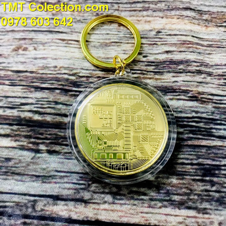 Móc khóa xu Bitcoin Vàng, Đồng xu bên trong được làm bằng Niken mạ vàng, sáng bóng, chạm khắc rõ nét - SP005259
