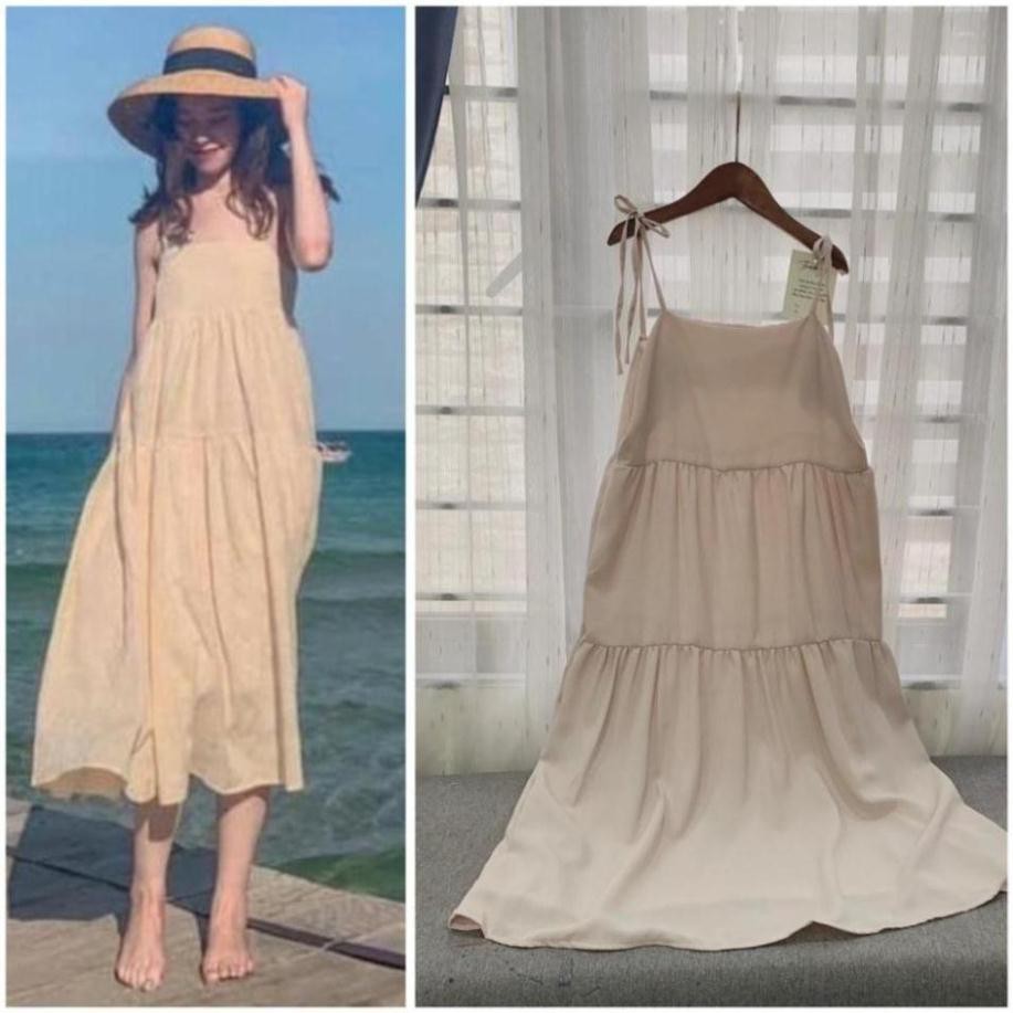 Đầm váy hai dây voan tơ buộc vai đen kem sữa váy thiết kế đầm Maxi Banamo Fashion váy hai dây buộc nơ xinh 597