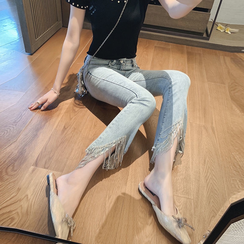 Quần Jeans Lửng Dáng Ôm Thiết Kế Viền Tua Rua Thời Trang Xuân Thu Hàn Quốc Mới 2021 Cho Nữ
