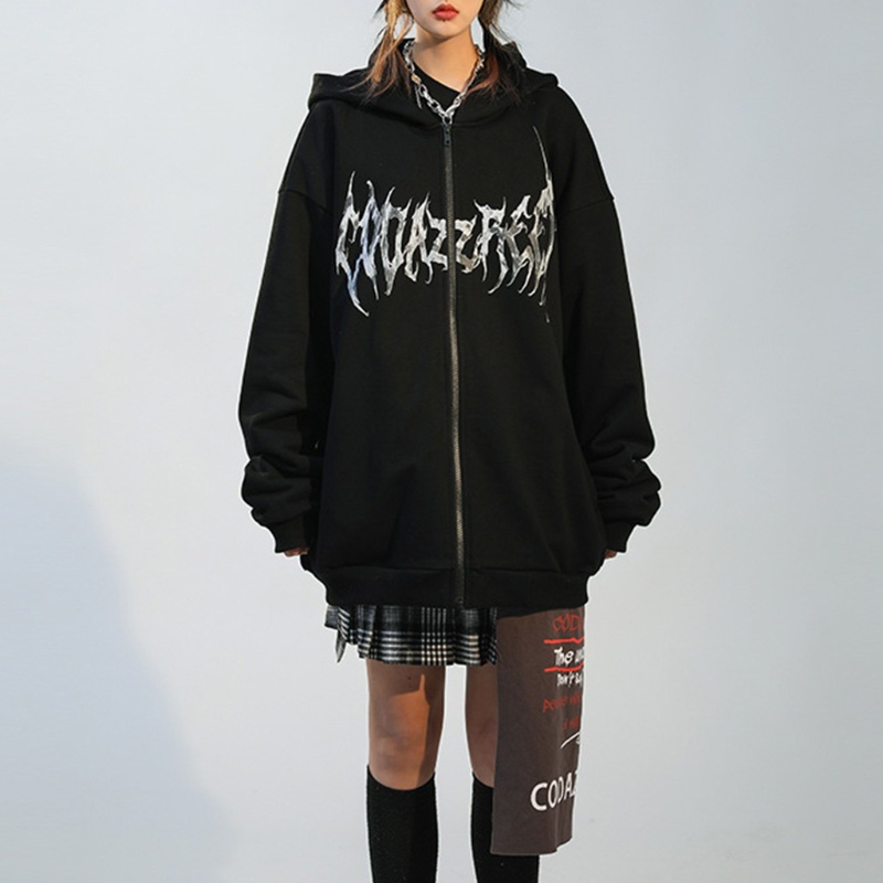 YOUYO Women Gothic Punk Butterfly Print Hoodies Jacket Harajuku Hip Hop Long Sleeve Zip Up Sweatshirt Oversized Loose Coat