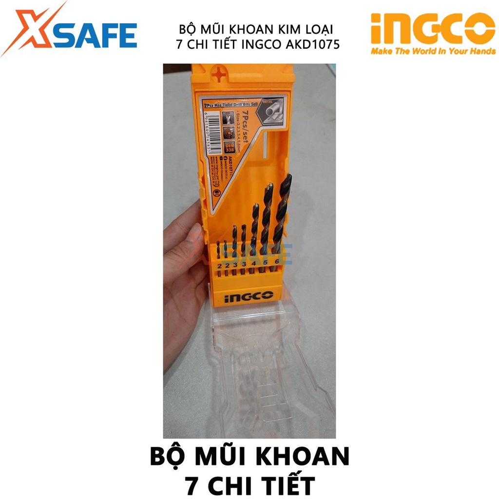 Bộ mũi khoan kim loại 7 chi tiết INGCO AKD1075 gồm các size 2,3,4,5,6,7,8 đóng gói trong hộp nhựa
