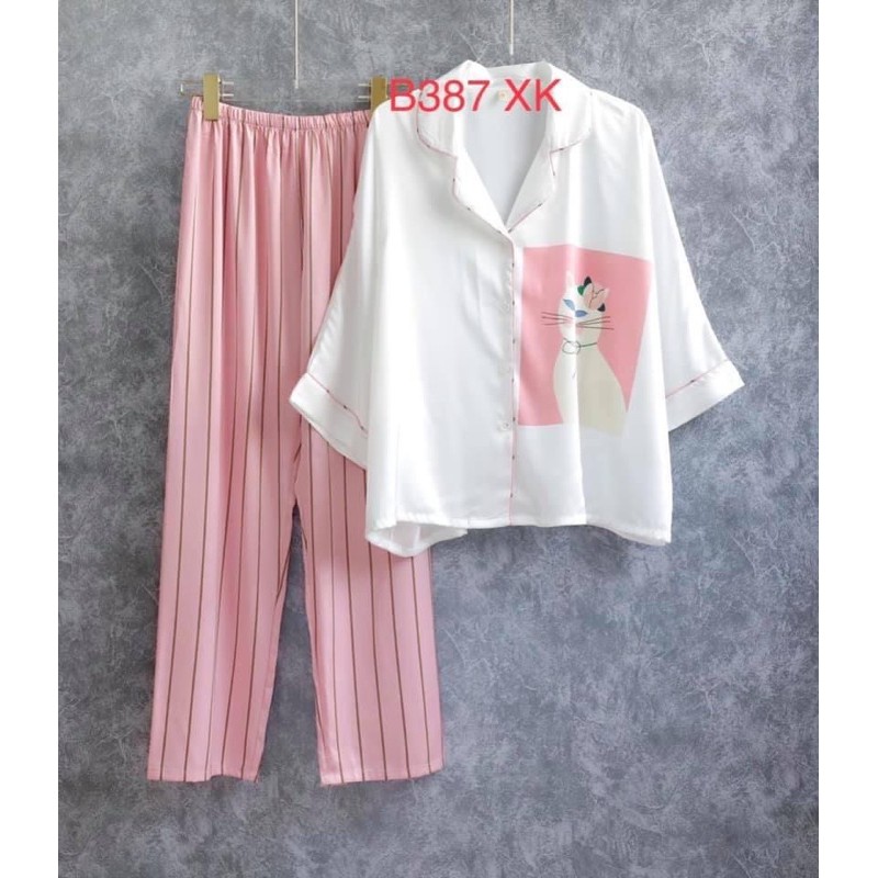 BỘ DÀI PYJAMA LỤA MÈO HỒNG TAY LỠ (Size M )