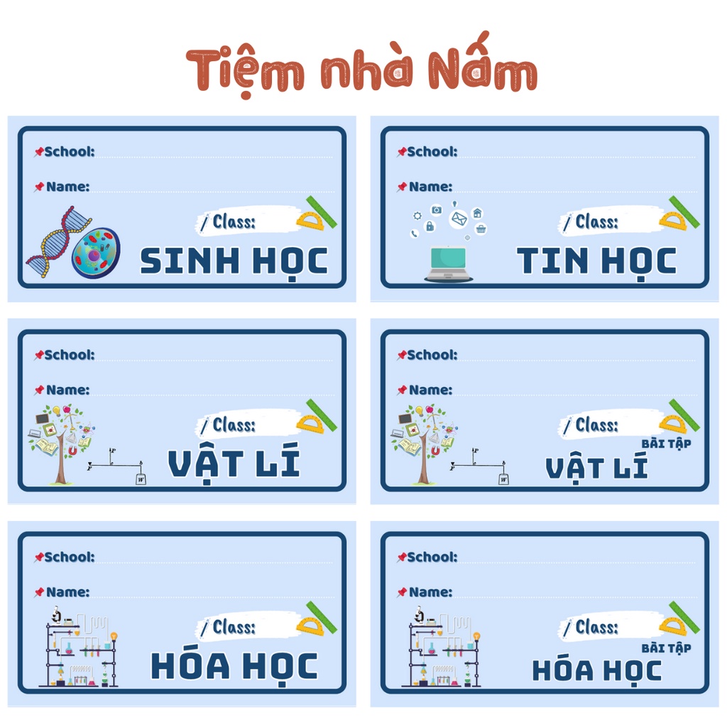 Combo Nhãn Vở Thiết Kế Theo Tên Môn Học, Xanh Hình Theo Môn Học