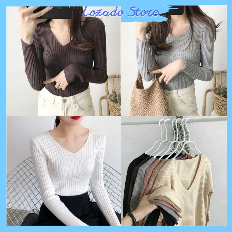Áo len nữ dài tay LOZADO áo kiểu nữ tay dài cổ tim chất len gân tăm dày dặn hàng đẹp - A690