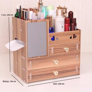 Kệ gỗ 4 tầng đựng mỹ phẩm và đồ trang điểm cao cấp có gương có núm cầm