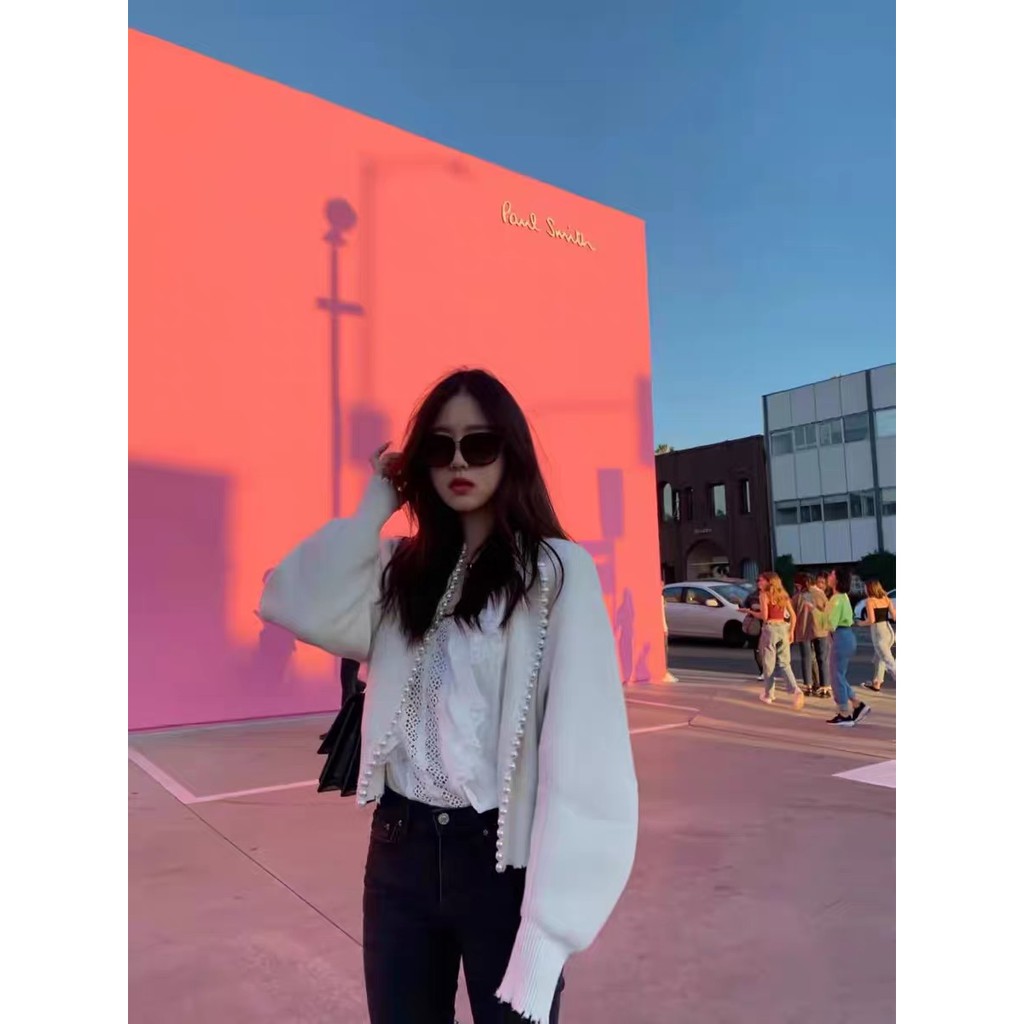 Áo Khoác Cardigan Dệt Kim Tay Dài Đính Ngọc Trai Phong Cách Blackpink