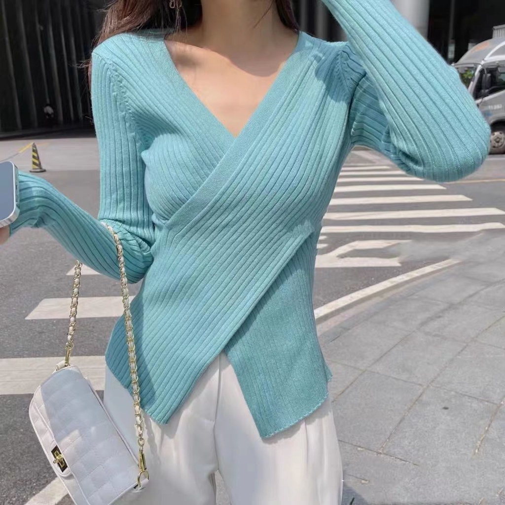 Áo len tay dài cổ chữ V thiết kế đan chéo thời trang thu đông cho nữ