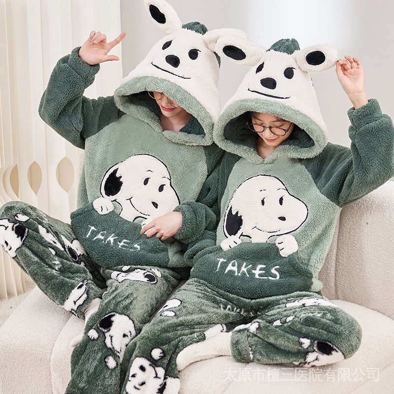 Bộ Đồ Ngủ Tay Dài In Hoạt Hình Snoopy Nhồi Bông Thời Trang Thu Đông Cho Các Cặp Đôi