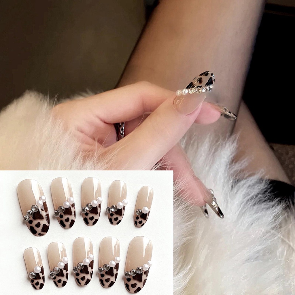 BSUNS Bộ 24 Móng Tay Giả Che Phủ Toàn Diện Tháo Rời Được Họa Tiết Da Báo Thời Trang