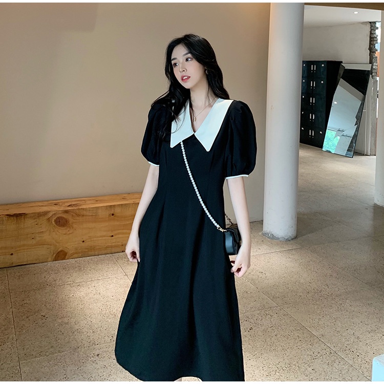 Váy đầm đen cổ trắng dáng dài tay ngắn basic công sở phong cách Ulzzang