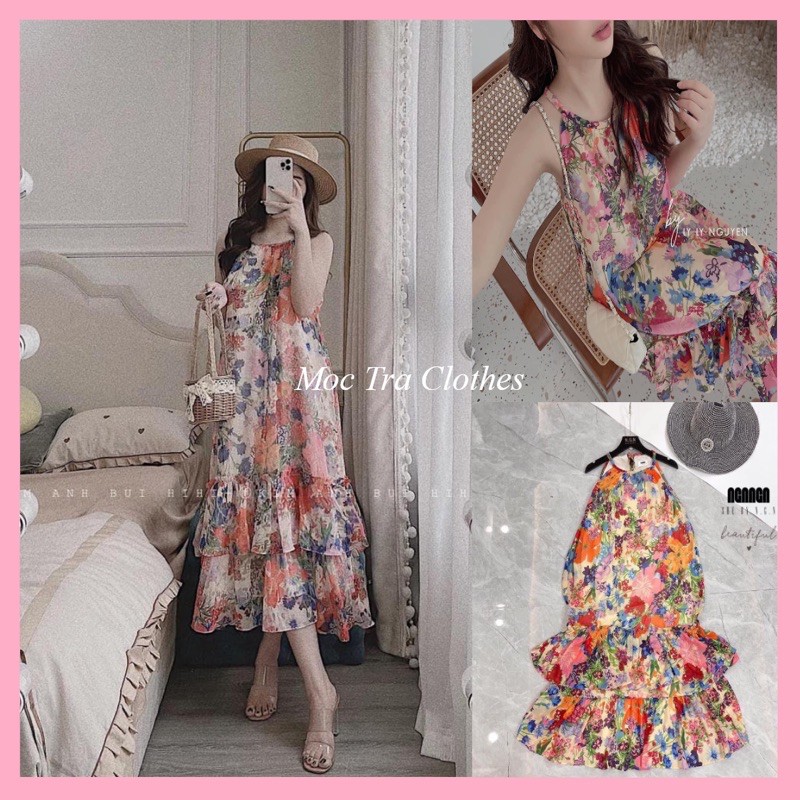 Đầm maxi hoa đi biển cổ yếm tiểu thư dáng dài xoè nhẹ siêu xinh, Váy nữ vintage hàng 2 lớp tơ mềm rẻ đẹp
