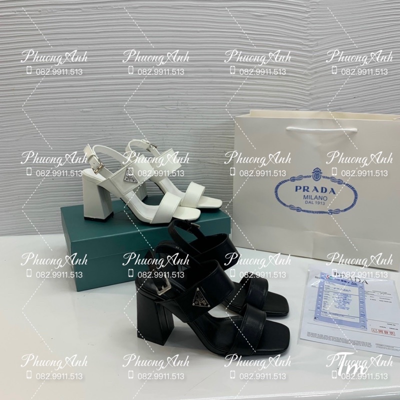 Sandal Prada Gót Vuông 2 Màu Trắng Đen Full Size 35-39