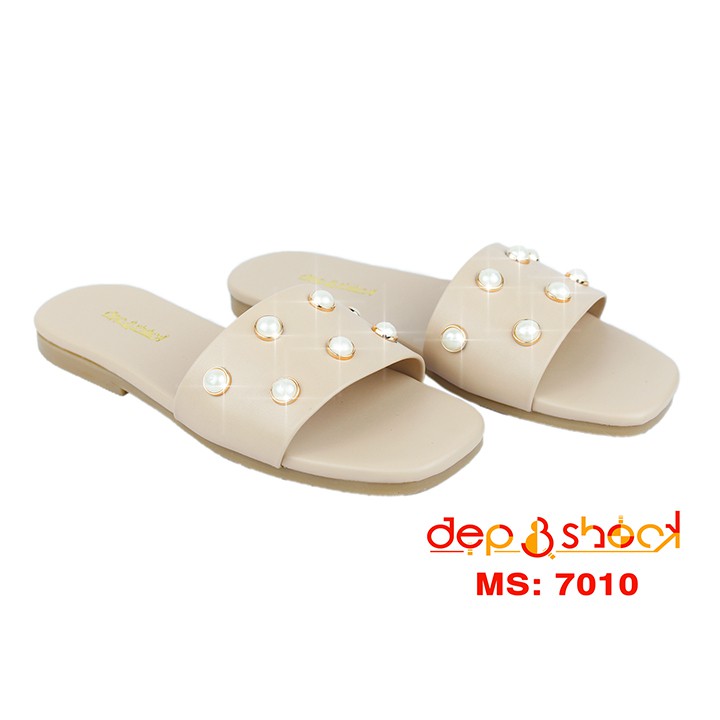 Dép nữ Quai ngang đính hột  đế bệt có big size MS 7010