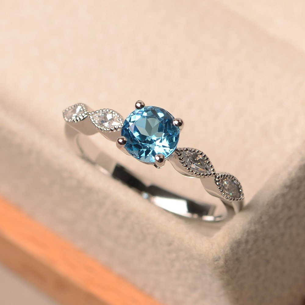 S925 Nhẫn đính đá topaz tròn màu đỏ xanh dương nhiều màu sắc tùy chọn phong cách Âu Mỹ sang trọng thời trang