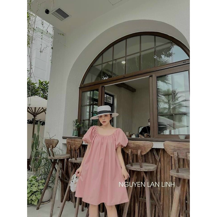 [8.8 Sales Freeship] Váy đầm bầu cổ tròn dáng suông, đầm babydoll tay phồng xoè cột nơ sau đi biển dễ thương