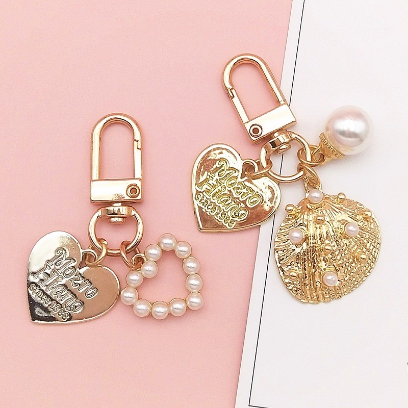 Móc khóa hình trái tim / vỏ sò đính ngọc trai phong cách dễ thương