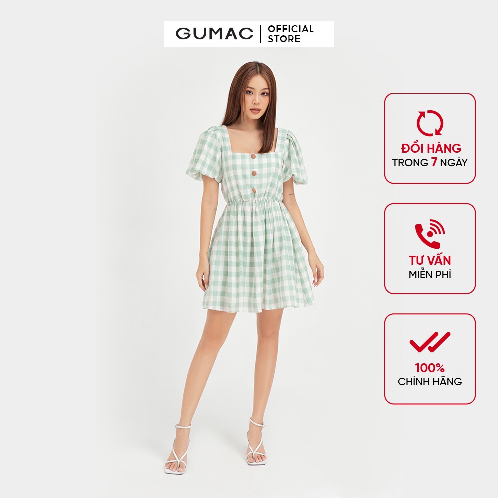 [Mã MABR07062 giảm 8% tối đa 50K đơn từ 249K] Đầm xòe nữ tay bí GUMAC họa tiết caro màu xanh trẻ trung DB485 | BigBuy360 - bigbuy360.vn