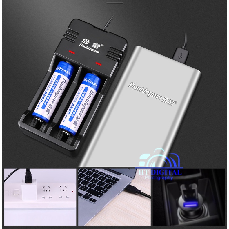 Bộ Sạc Pin 18650 3.7V Doublepow đa năng cho pin 26650 16340 CR123A 14500 21700 Tự Ngắt