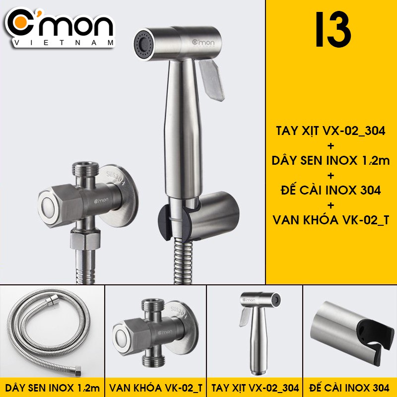 Bộ vòi xịt vệ sinh INOX 304 cao cấp C'MON VX-02-I (dây inox 304)