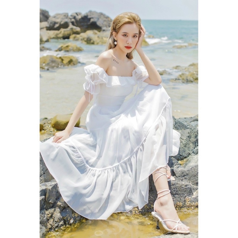 Đầm maxi bẹt vai cao cấp trong có lót chất lụa tơ óng mướt TRIPBLE T DRESS - size S/M/L - MS360V