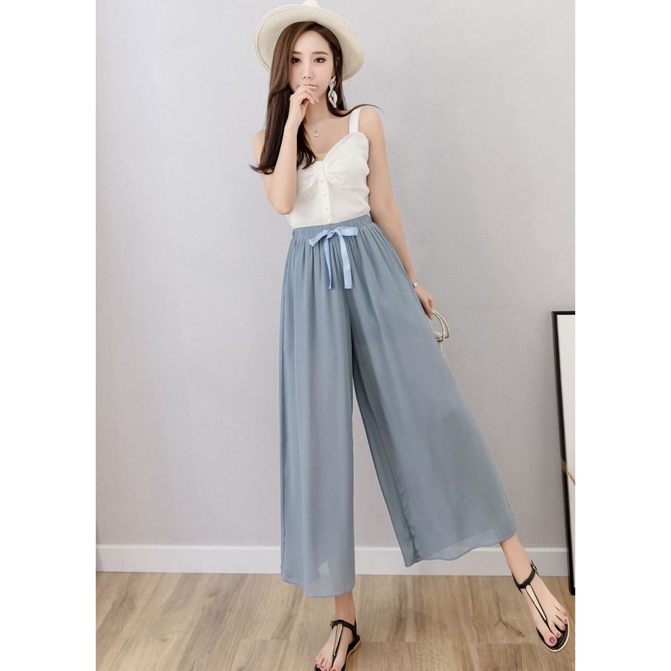 Quần ống rộng nữ MINALADY chất voan cát điệu đà cho bạn gái (Đen + Xanh]
