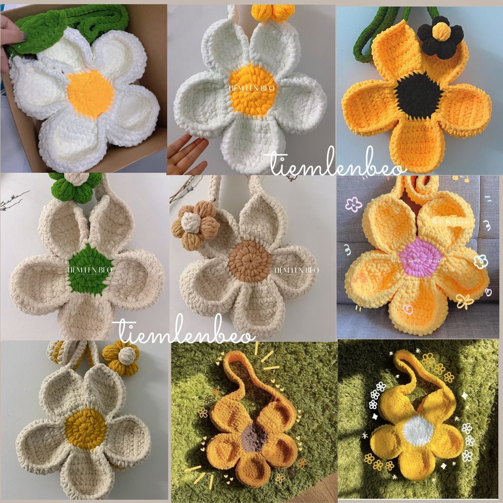 TÚI LEN HÌNH HOA CÚC FLOWER BLOOMING BAG THỦ CÔNG NHIỀU KÍCH THƯỚC, BẢNG MÀU TRƠN