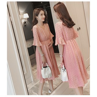 Đầm Bầu Voan Hồng Chấm Bi