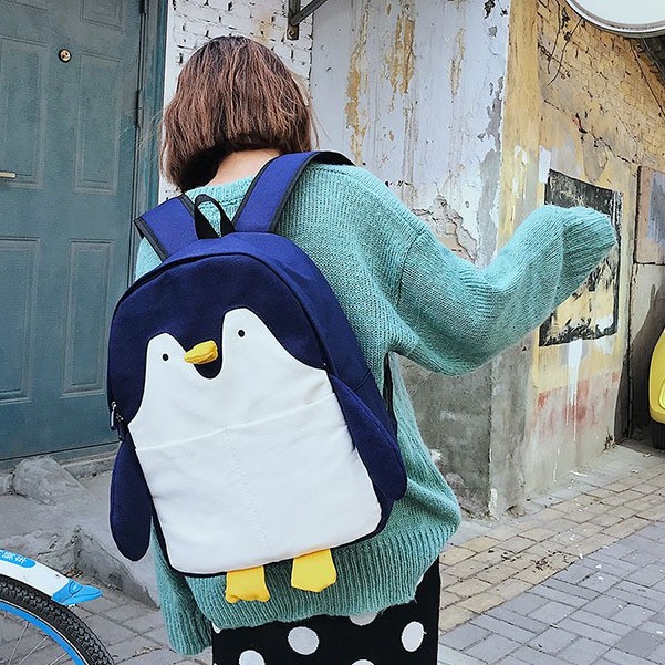 Balo vải canvas họa tiết chim cánh cụt/ chim cú hoạt hình dễ thương phong cách nhật bản cho nữ