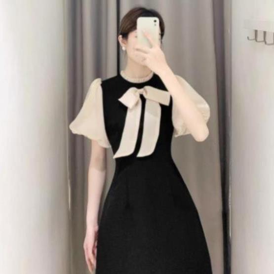 Váy Đi Làm, Đầm Công Sở Cột Nơ Tay Phối Phong Cách Kín Đáo Tiểu Thư