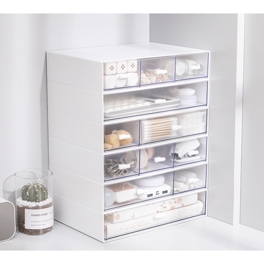 Kệ tủ đựng đồ mini để bàn màu trắng hộp nhựa ngăn kéo, có thể lắp ghép đựng washi đồ dùng học tập, decor bàn làm việc