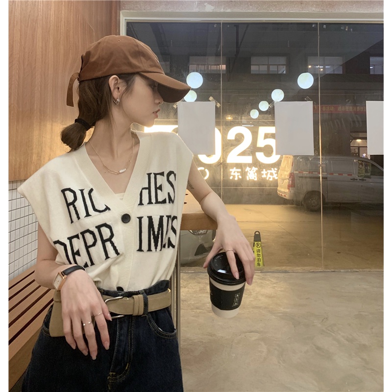 Xiaozhainv Áo Dệt Kim Sát Nách Cổ Chữ V Dáng Rộng Cài Khuy In Chữ Kiểu Vintage Thời Trang