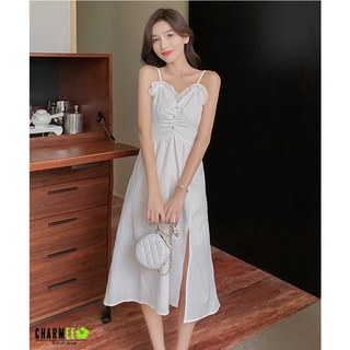 (HÀNG QC SẴN) Đầm 2 Dây Trắng Xẻ Đùi Buộc Lưng (Hàng Nhập QC)