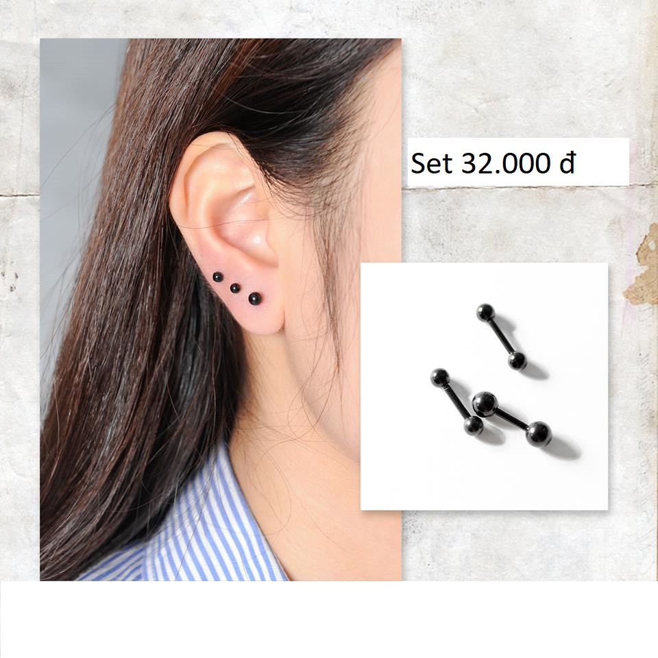Set 3 khuyên Basic : 2 khuyên thẳng 2 đầu bi nhỏ + 1 khuyên thẳng 2 đầu bi cỡ vừa