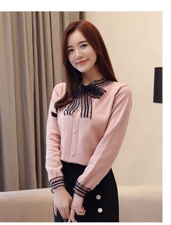 Áo len cúc ngọc buộc nơ cho nữ