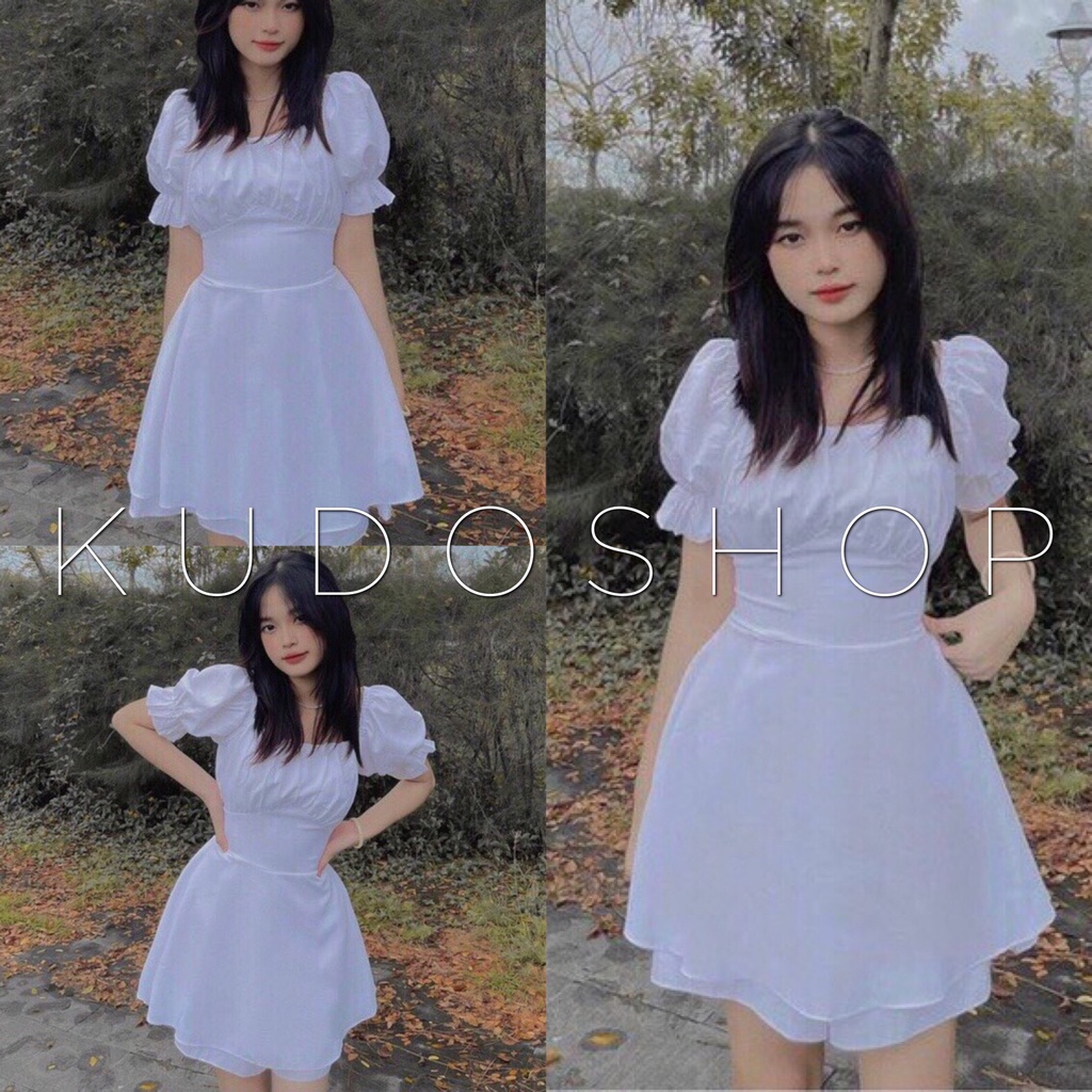 Váy trắng dự tiệc cổ U nhíu ngực ulzzang ôm eo mặc tôn dáng/ Đầm trắng dáng xòe tiểu thư tay bồng dễ thương_kudoshop